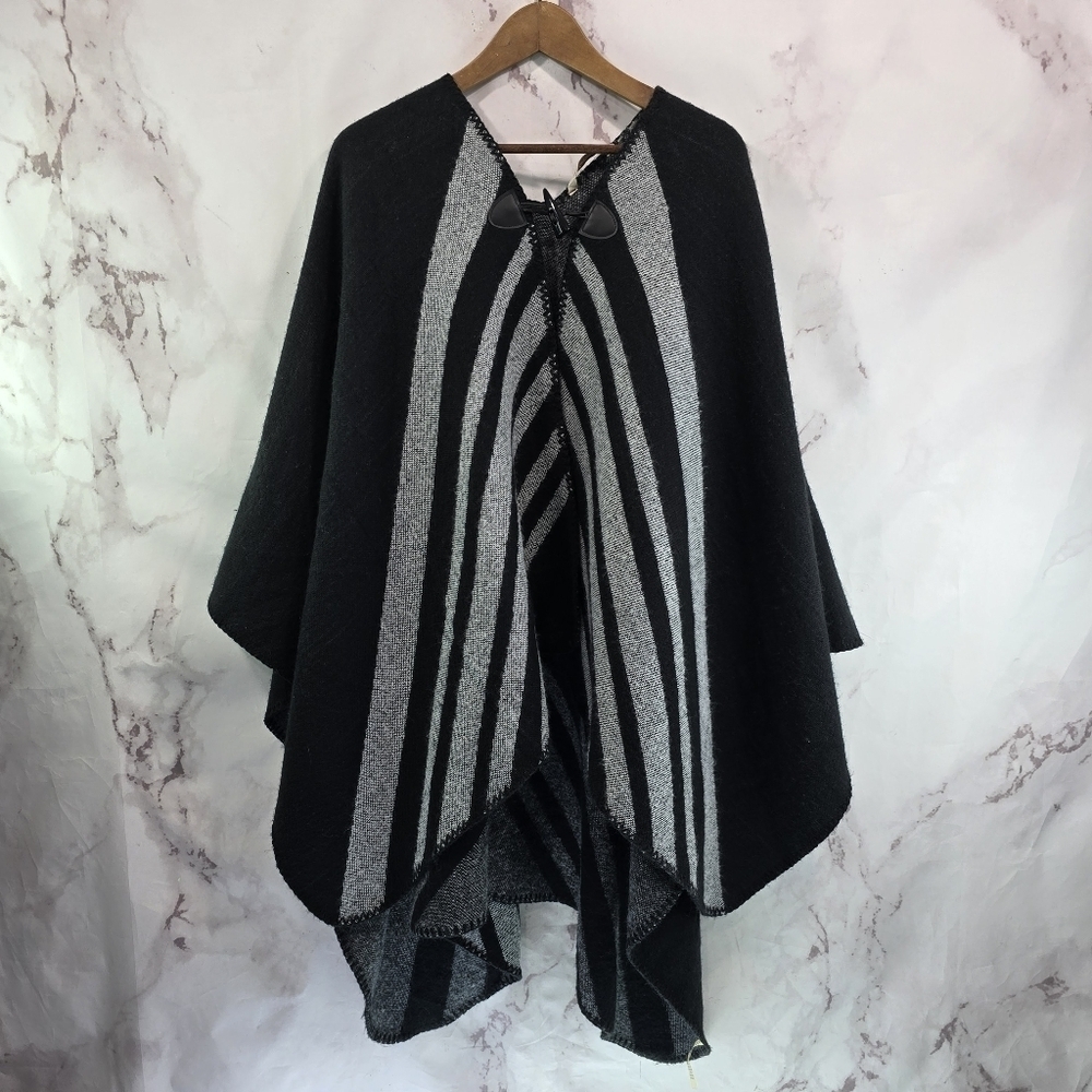 Soft Surroundings Poncho Women Black Gray Sweater Toggle Cape Whistler Stripe